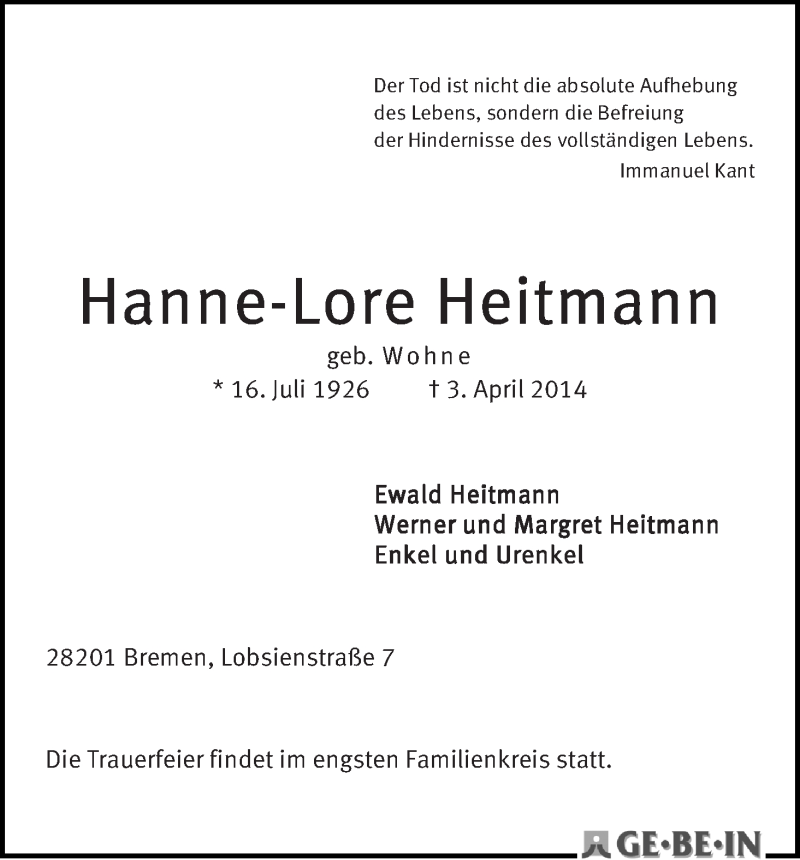 Traueranzeige von Hanne-Lore  Heitmann von WESER-KURIER