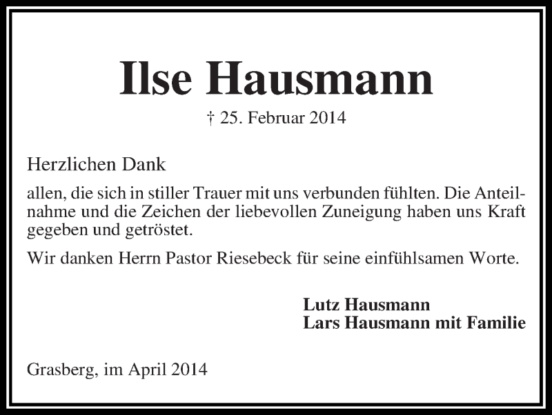 Traueranzeige von Ilse Hausmann von Wuemme Zeitung