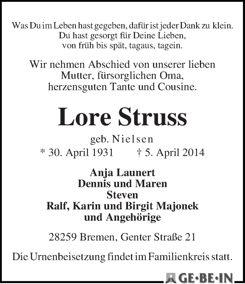Traueranzeige von Lore Struss von WESER-KURIER
