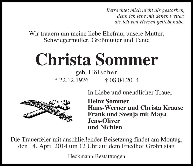 Traueranzeige von Christa Sommer von Die Norddeutsche