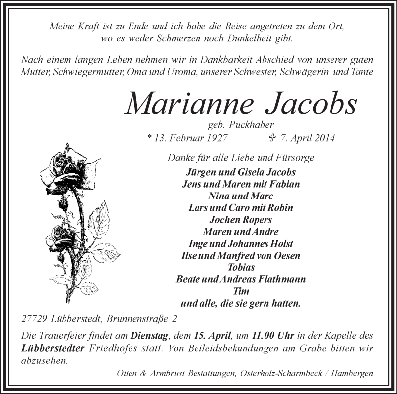 Traueranzeige von Marianne Jacobs von Osterholzer Kreisblatt