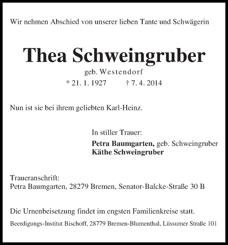 Traueranzeige von Thea Schweingruber von Die Norddeutsche