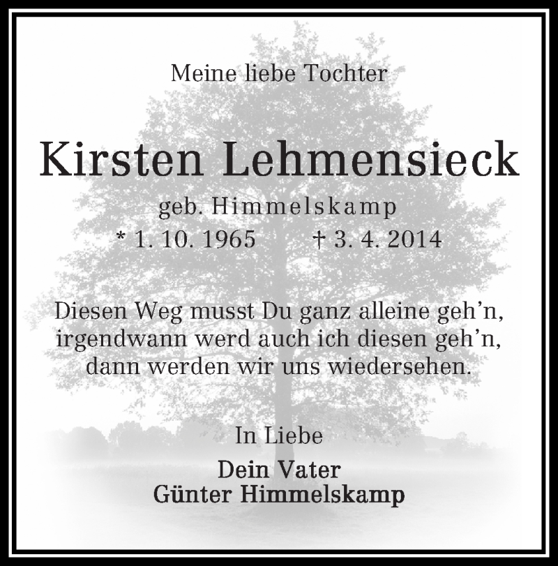 Traueranzeige von Kirsten Lehmensieck von WESER-KURIER