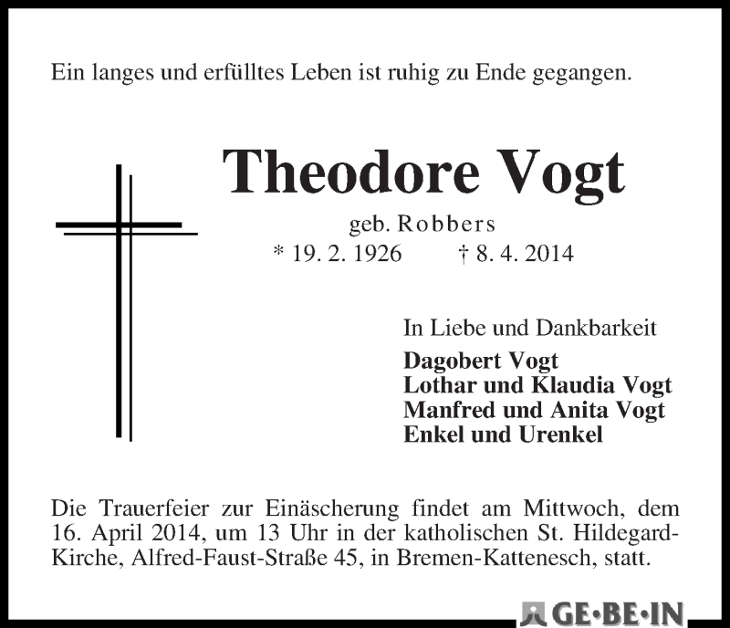 Traueranzeige von Theodore Vogt von WESER-KURIER