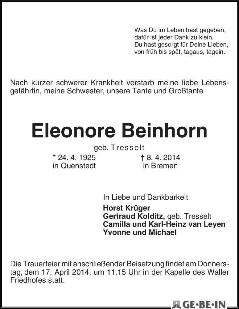Traueranzeige von Eleonore Beinhorn von WESER-KURIER