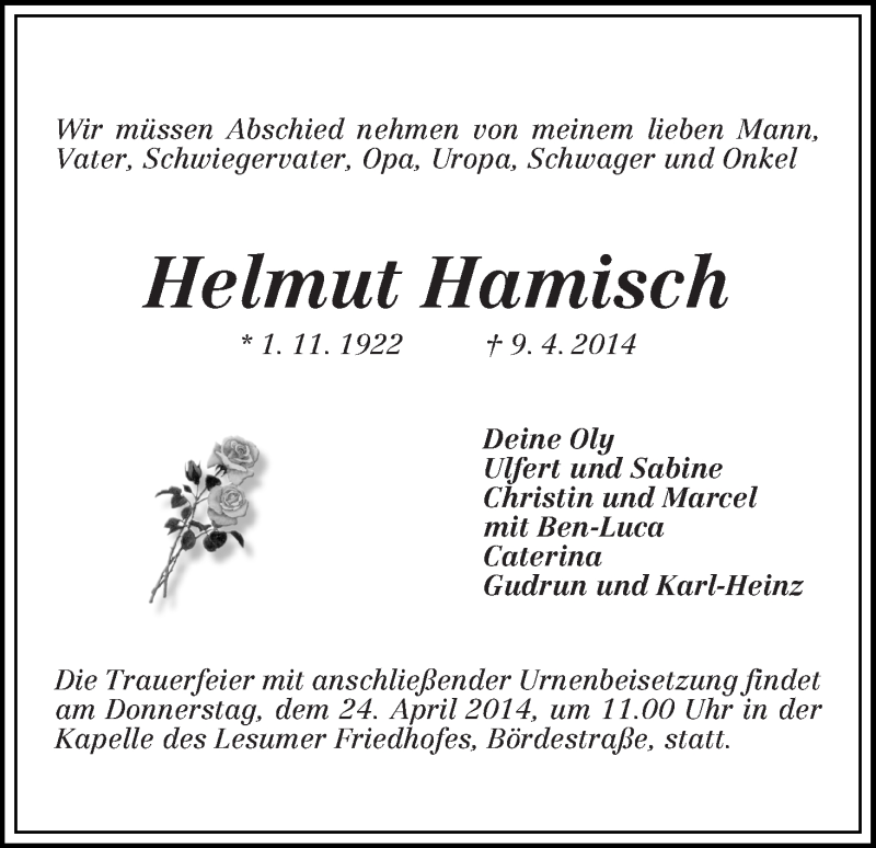 Traueranzeige von Helmut Hamisch von WESER-KURIER