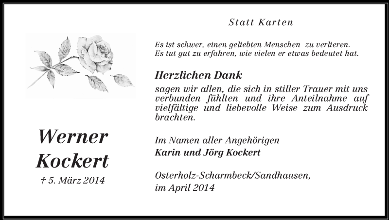 Traueranzeige von Werner Kockert von Osterholzer Kreisblatt