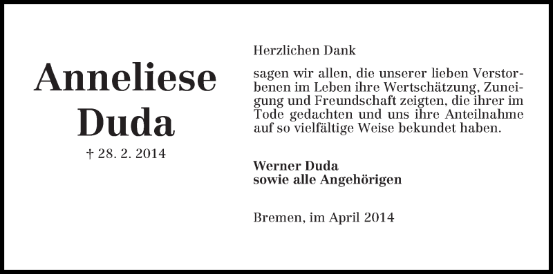 Traueranzeige von Anneliese Duda von Die Norddeutsche