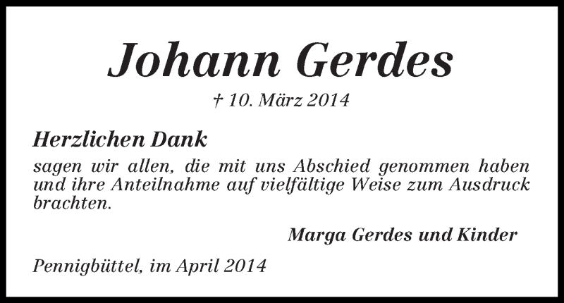 Traueranzeige von Johann Gerdes von Osterholzer Kreisblatt