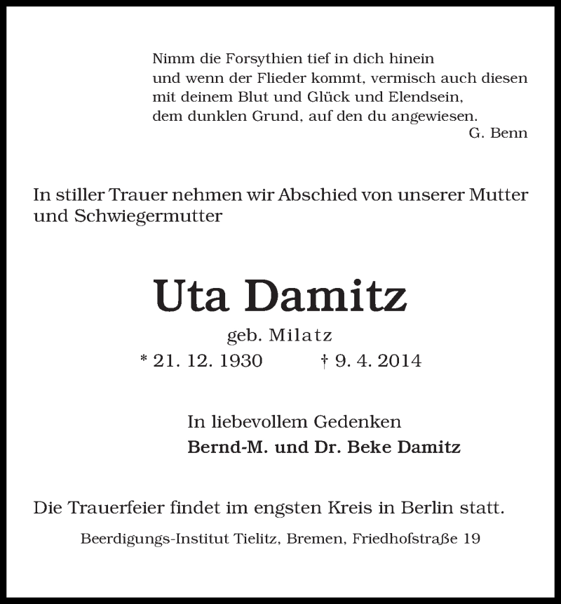 Traueranzeige von Uta Damitz von WESER-KURIER