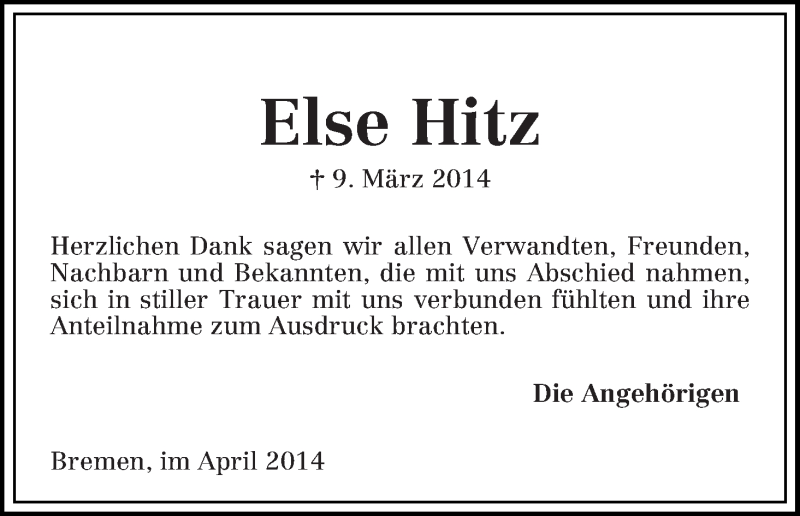 Traueranzeige von Else Hitz von WESER-KURIER