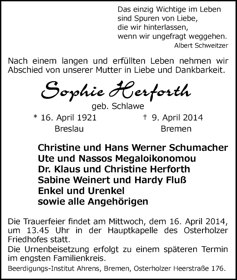 Traueranzeige von Sophie Herforth von WESER-KURIER
