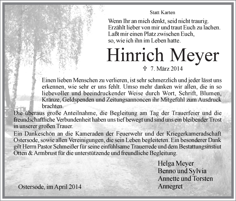 Traueranzeige von Hinrich Meyer von Wuemme Zeitung