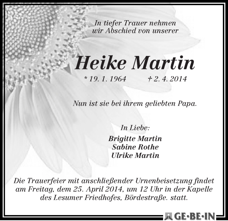 Traueranzeige von Heike Martin von Die Norddeutsche