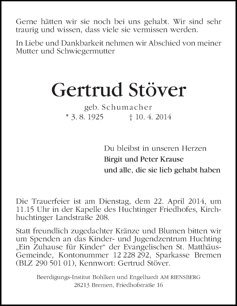 Traueranzeige von Gertrud Stöver von WESER-KURIER