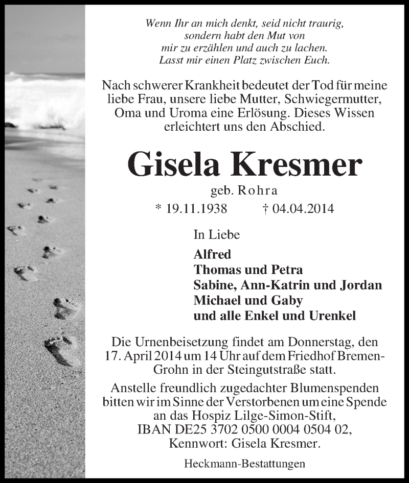  Traueranzeige für Gisela Kresmer vom 15.04.2014 aus Die Norddeutsche