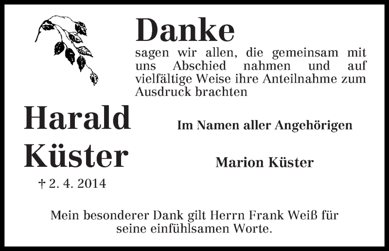 Traueranzeige von Harald Küster von WESER-KURIER