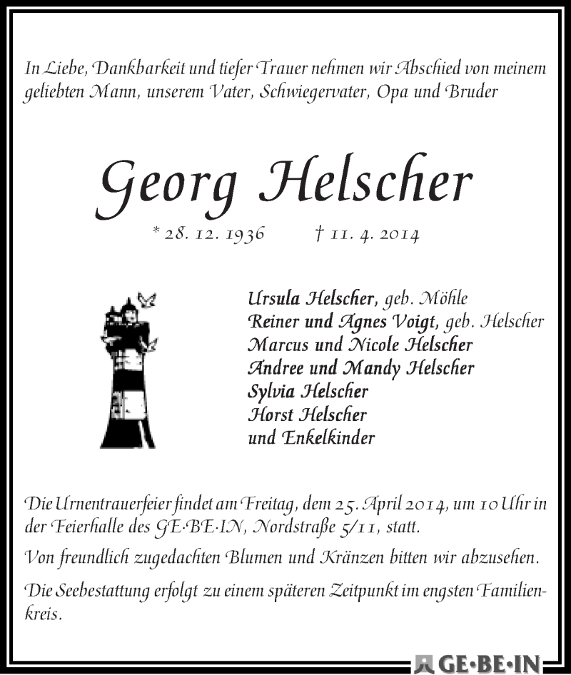 Traueranzeige von Georg Helscher von WESER-KURIER