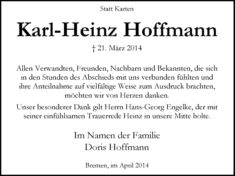 Traueranzeige von Karl-Heinz Hoffmann von WESER-KURIER