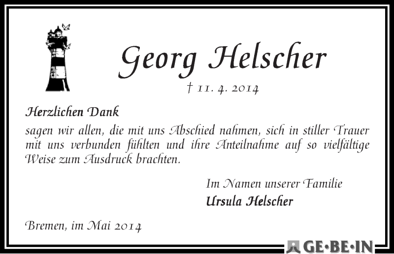 Traueranzeige von Georg Helscher von WESER-KURIER
