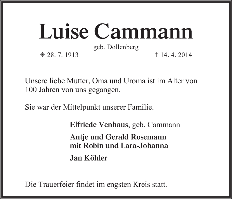 Traueranzeige von Luise Cammann von Achimer Kurier/Verdener Nachrichten
