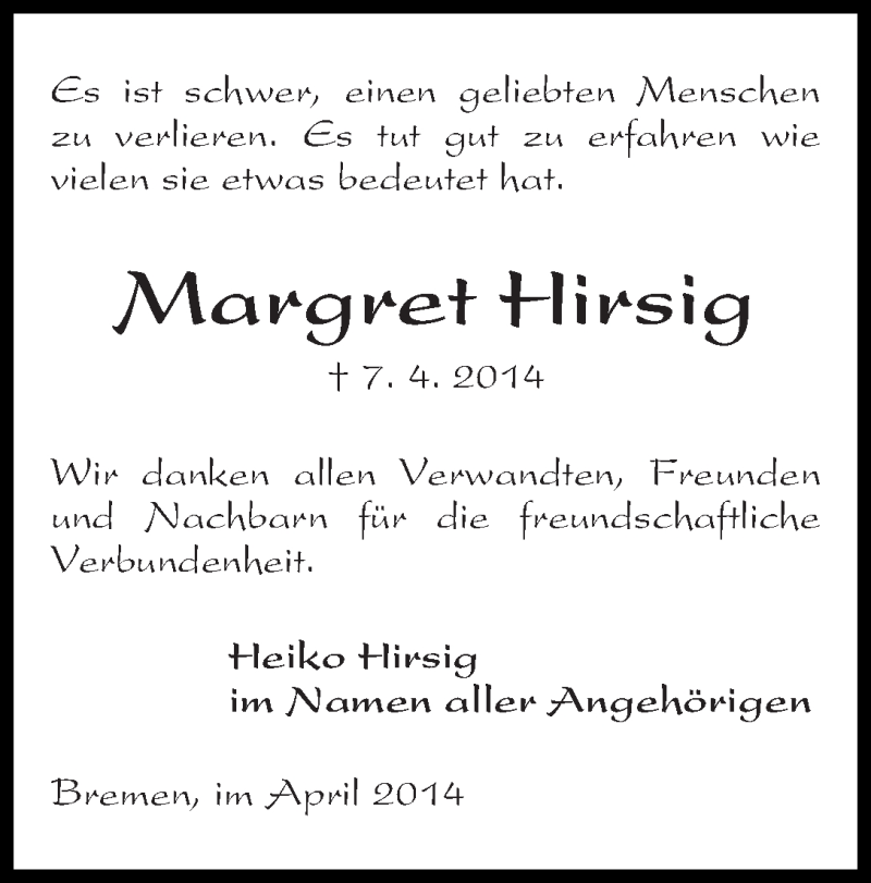 Traueranzeige von Margret Hirsig von WESER-KURIER