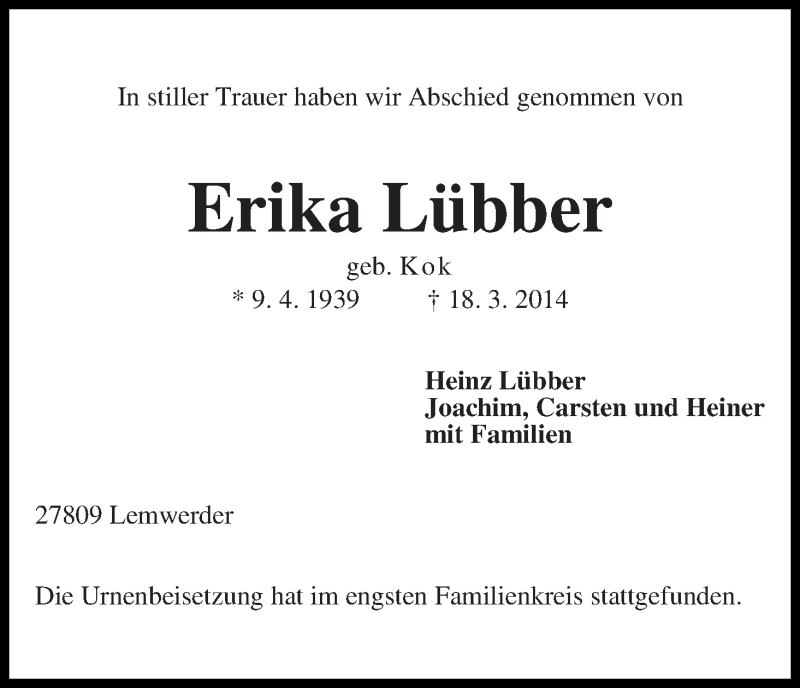  Traueranzeige für Erika Lübber vom 19.04.2014 aus Die Norddeutsche