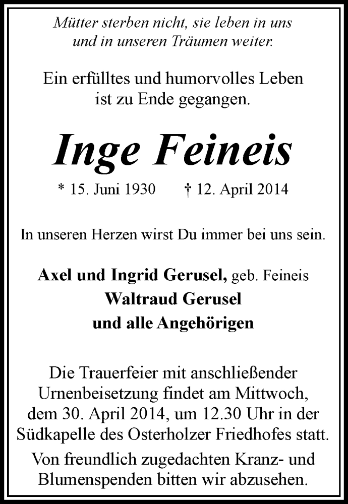 Traueranzeige von Inge Feineis von WESER-KURIER