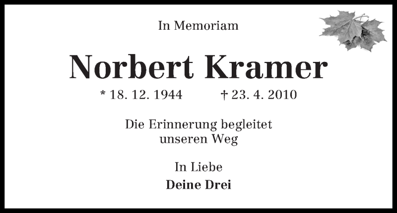  Traueranzeige für Norbert Kramer vom 23.04.2014 aus WESER-KURIER