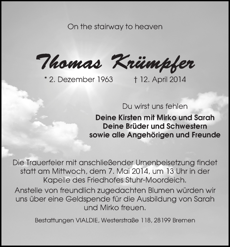  Traueranzeige für Thomas Krümpfer vom 19.04.2014 aus WESER-KURIER