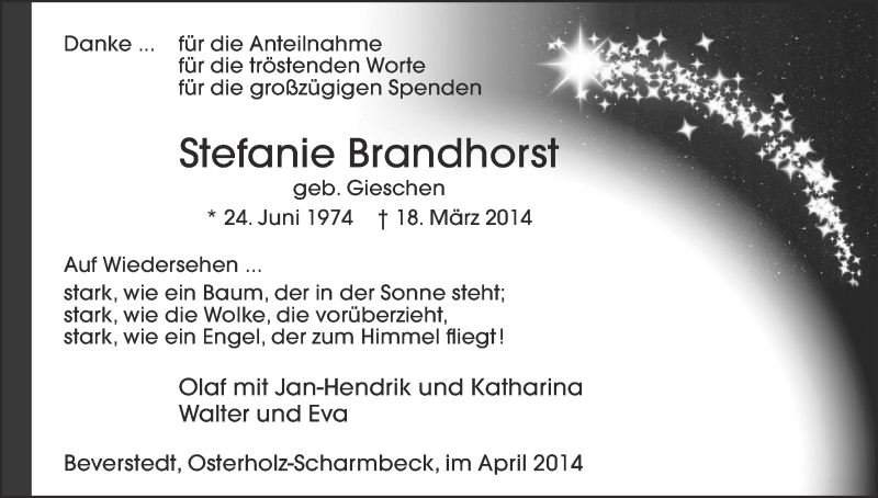  Traueranzeige für Stefanie Brandhorst vom 19.04.2014 aus Osterholzer Kreisblatt
