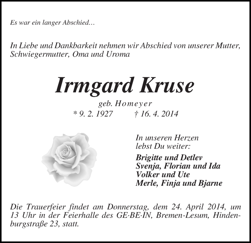 Traueranzeige von Irmgard Kruse von Die Norddeutsche