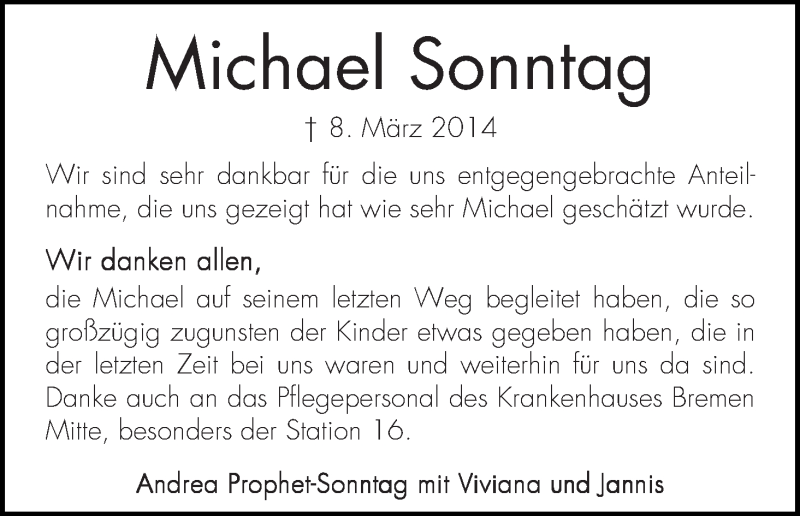 Traueranzeige von Michael Sonntag von WESER-KURIER