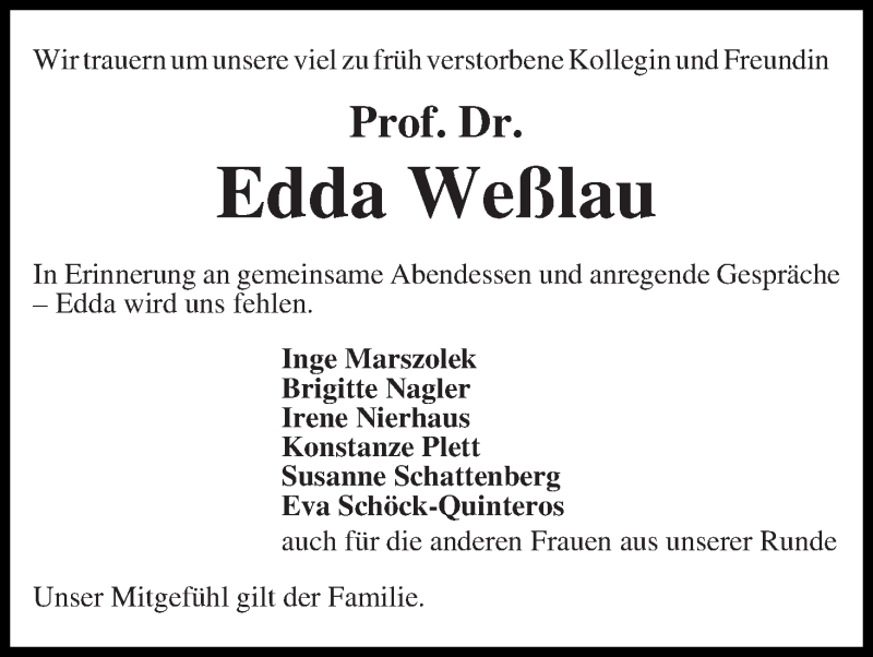  Traueranzeige für Edda Weßlau vom 19.04.2014 aus WESER-KURIER