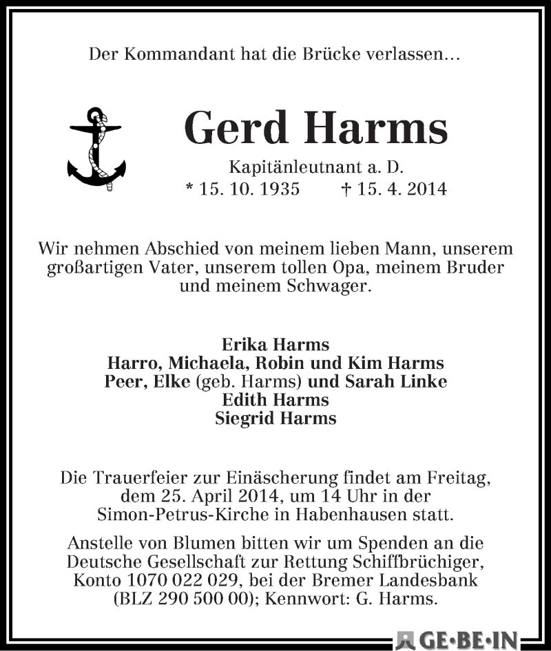 Traueranzeige von Gerd Harms von WESER-KURIER