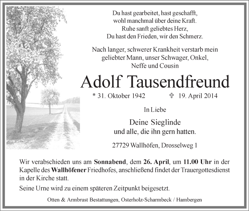 Traueranzeige von Adolf Tausendfreund von Osterholzer Kreisblatt