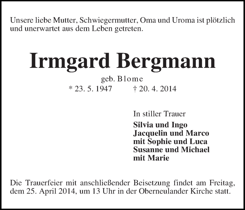 Traueranzeige von Irmgard Bergmann von WESER-KURIER