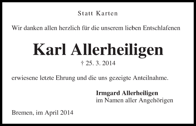 Traueranzeige von Karl Allerheiligen von WESER-KURIER