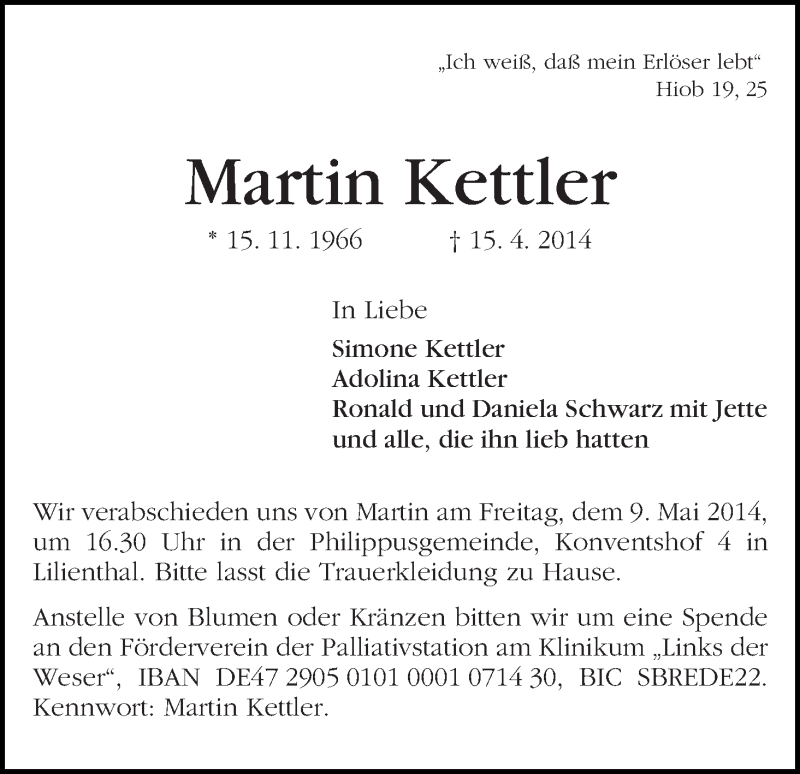 Traueranzeige für Martin Kettler vom 26.04.2014 aus WESER-KURIER