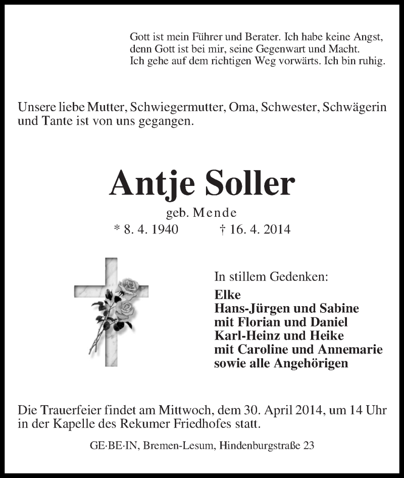 Traueranzeige von Antje Soller von Die Norddeutsche