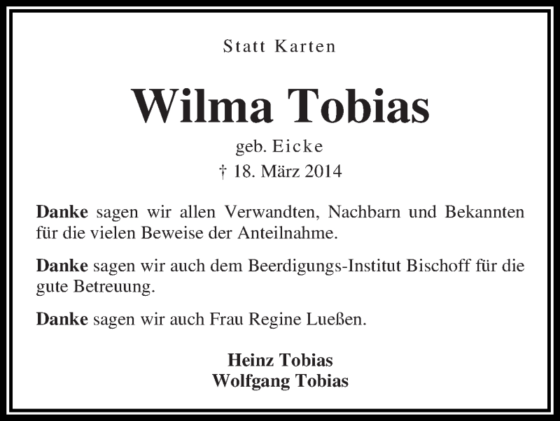 Traueranzeige von Wilma Tobias von Die Norddeutsche
