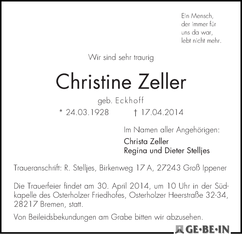 Traueranzeige von Christine Zeller von WESER-KURIER