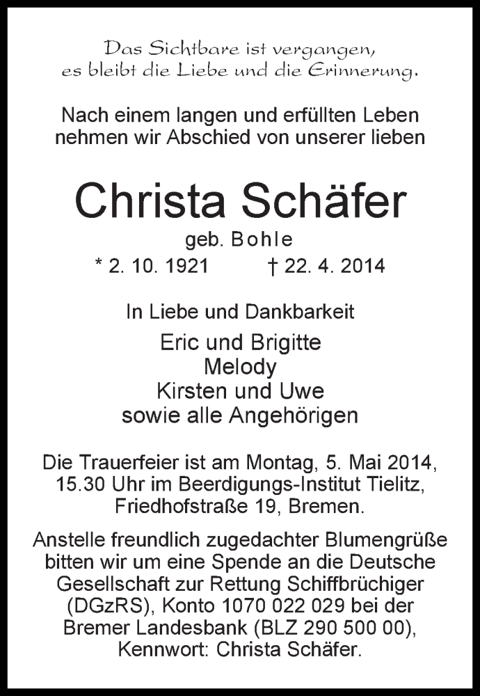 Traueranzeige von Christa Schäfer von WESER-KURIER