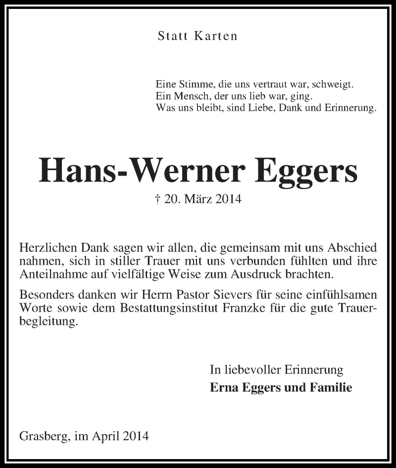 Traueranzeige von Hans-Werner Eggers von Wuemme Zeitung
