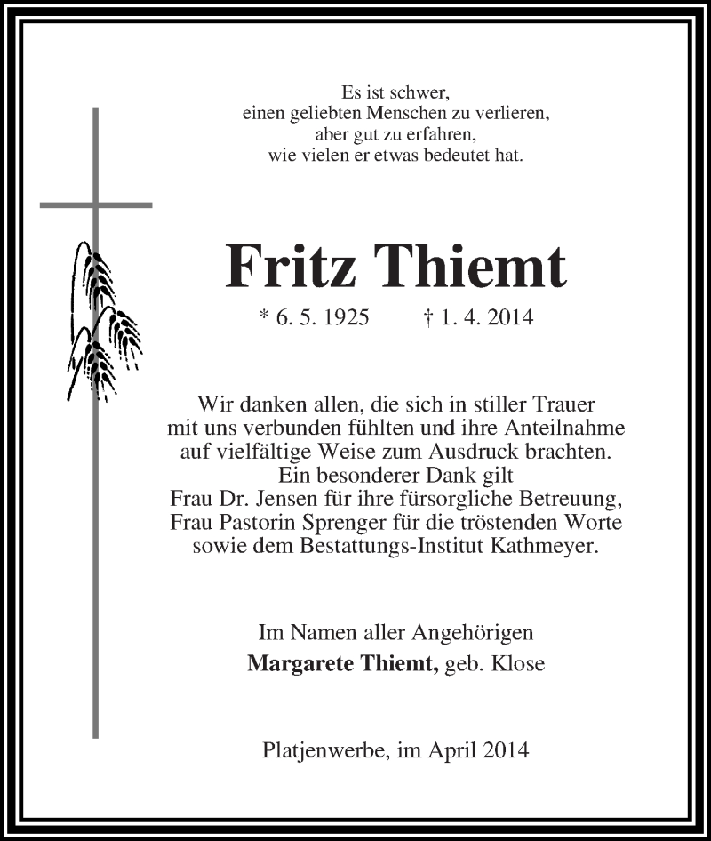 Traueranzeige von Fritz Thiemt von Die Norddeutsche