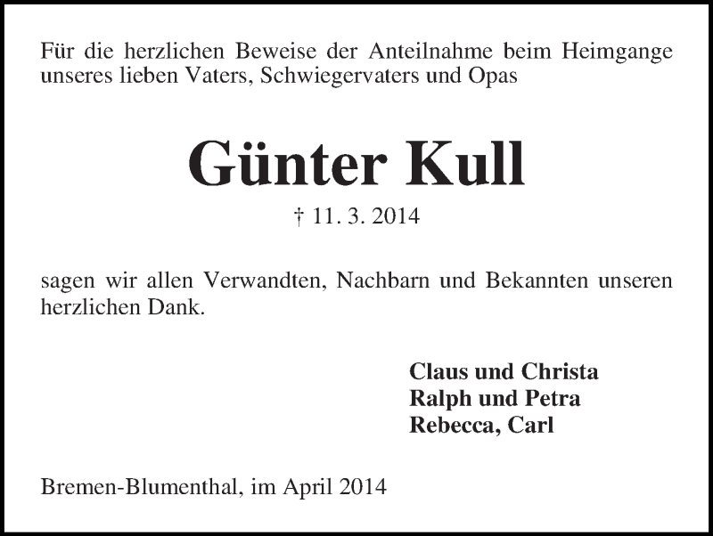 Traueranzeige von Günter Kull von Die Norddeutsche