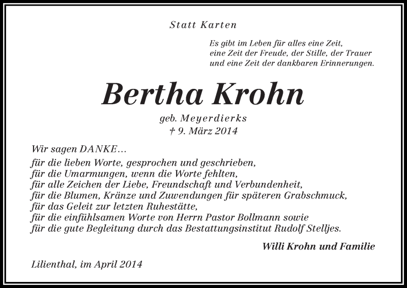 Traueranzeige von Bertha Krohn von Wuemme Zeitung
