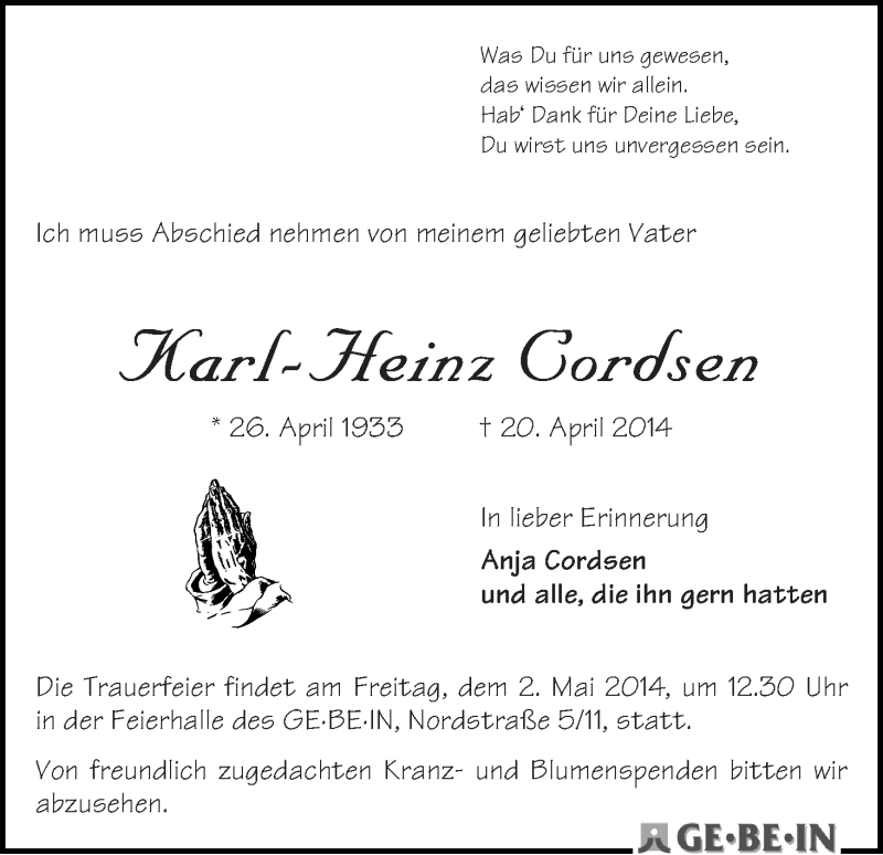 Traueranzeige von Carl-Heinz Cordsen von WESER-KURIER