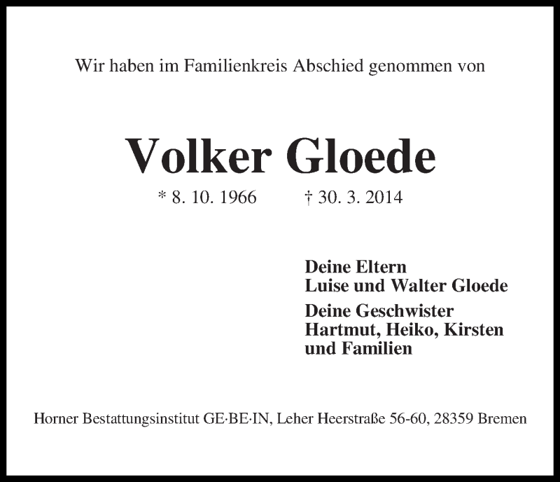 Traueranzeige von Volker Gloede von Wuemme Zeitung