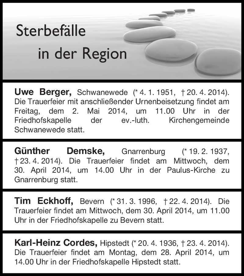 Traueranzeige von Sterbefälle 26.04.2014 in der Region Schwanewede von Osterholzer Kreisblatt